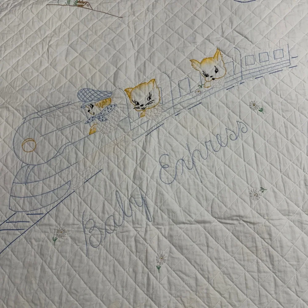Vintage Baby Express Embroidered Quilt White Blue Train Kittens Nursery Blanket